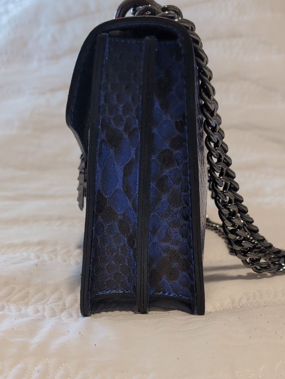 Designer Navy Python-Embossed Chain Shoulder Bag - Picture 4 of 10